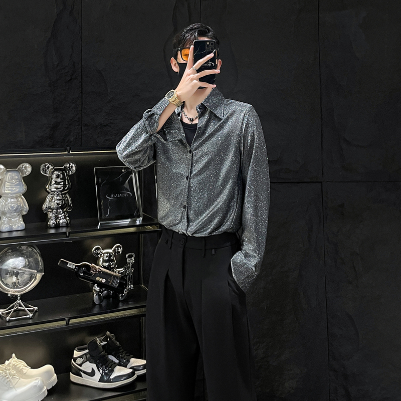 Homme High-End Gold Foil Reflective Starry Sky Long-Sleeve Shirt for Men, Stylish and Cool with Shoulder Pads