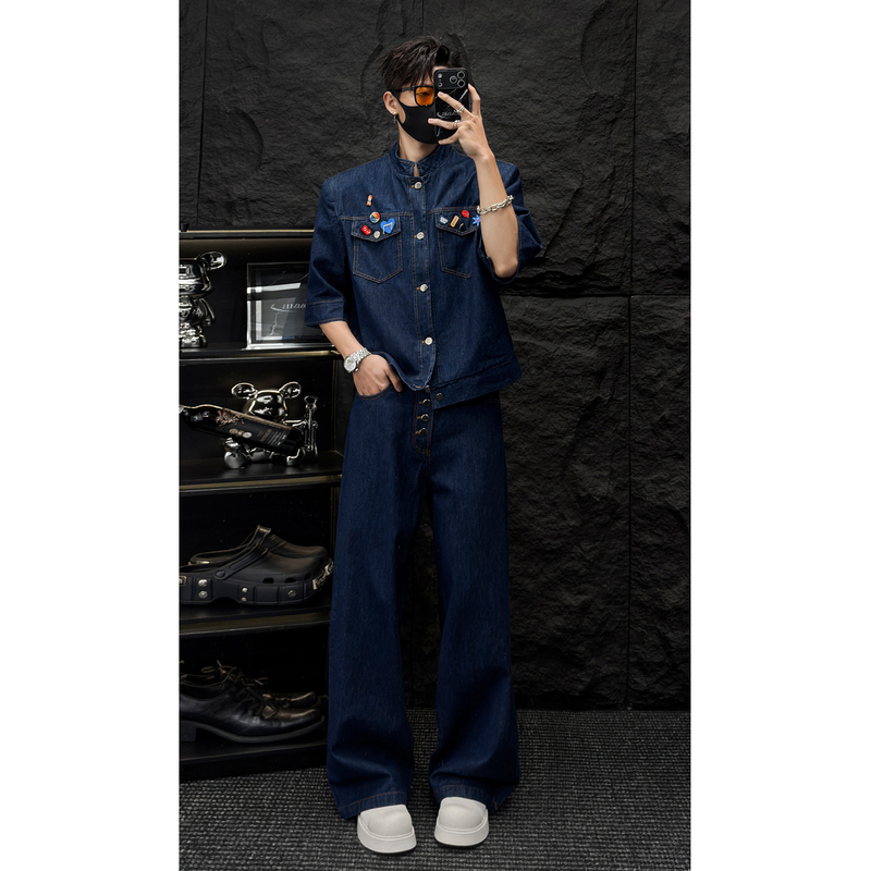 Homme Light Luxury Original Denim Stand-Up Collar Short-Sleeve Jacket Men's Wide-Leg Jeans Casual Suit Homme Light Luxury Original Denim Stand-Up Collar Short-Sleeve Jacket Men's Wide-Leg Jeans Casual Suit