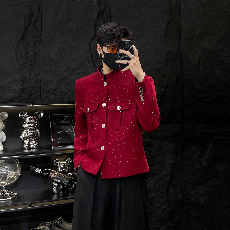 Homme Niche Starry Short Jacket for Men with Metal Buckle, High-End Red Stand-Up Collar Top
