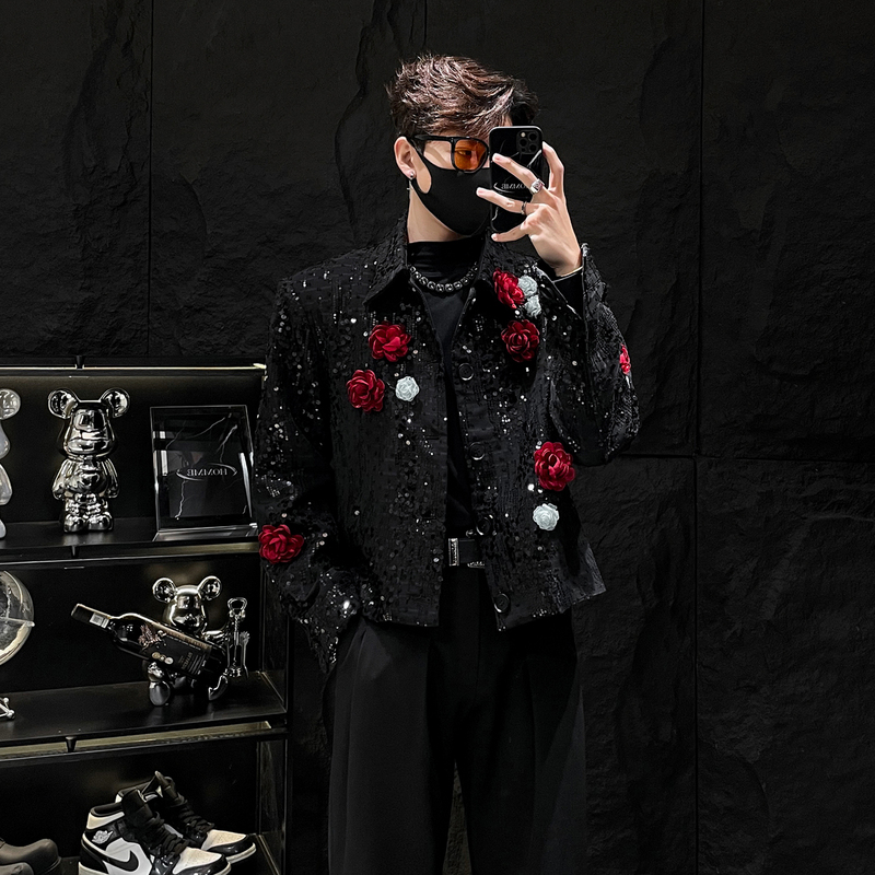 Homme Heavy Sequin Jacket for Men with Three-Dimensional Rose Design, Shiny Short Coat for Performance and Show