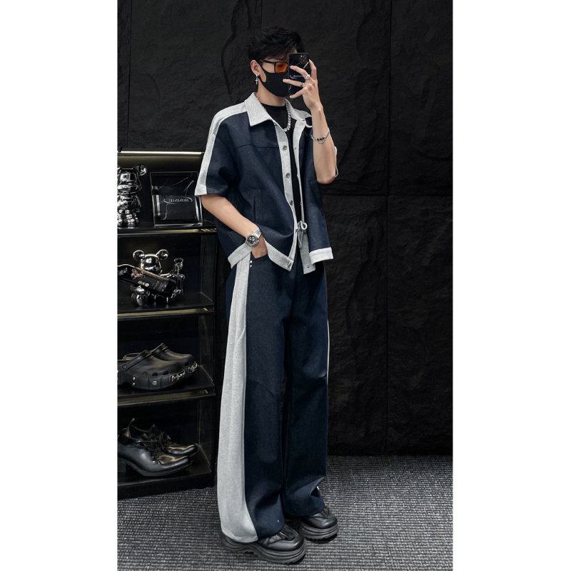 Homme Summer Color-Block Short-Sleeve Jacket Men's Denim Patchwork Casual Scimitar Pants Two-Piece Set Homme Summer Color-Block Short-Sleeve Jacket Men's Denim Patchwork Casual Scimitar Pants Two-Piece Set