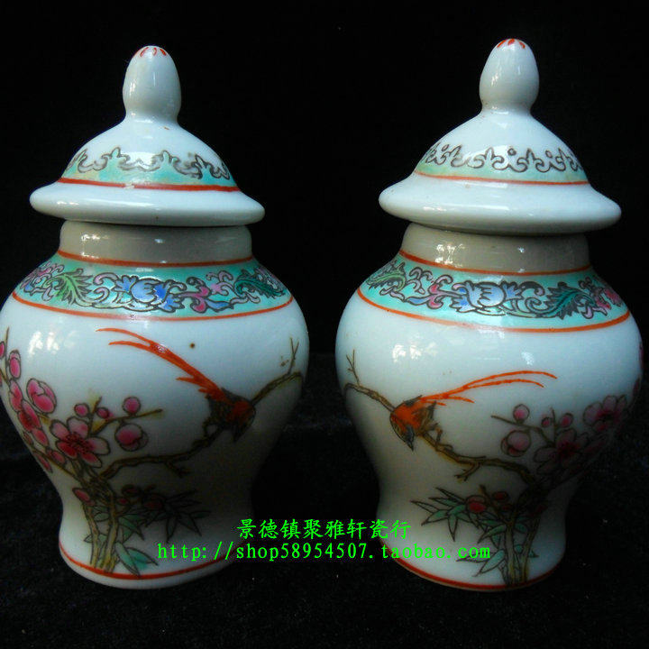 Bao Lao Jingdezhen 567 Cultural Revolution old factory goods Porcelain hand-painted pastel plum, bamboo and longevity with flowers and birds 4-inch Tianzi altar pair
