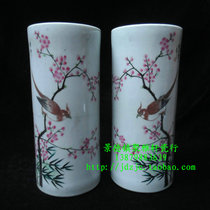 Jingdezhen factory goods porcelain hand-painted pastel plum blossom belt flower and bird hat tube decoration collection ornaments a pair