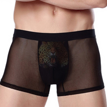Mens underwear mesh hollow transparent ultra-thin ice silk boxer sexy youth cartoon leopard head boxer pants summer