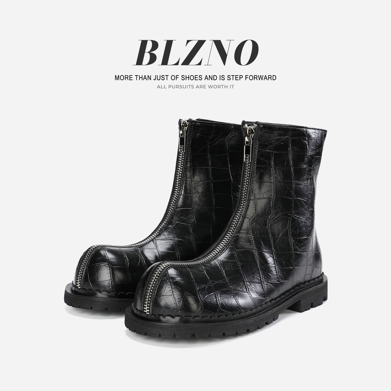 Original Niche 2026 British Style Black Crocodile Pattern Zipper Martin Boots Men's High-Top Work Boots Chelsea Short Boots