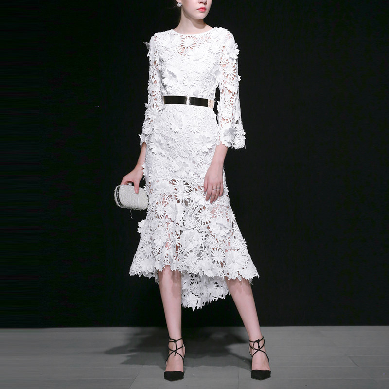 秋季气质名媛蕾丝修身长裙长袖显瘦中长款连衣裙女装秋装2017新款