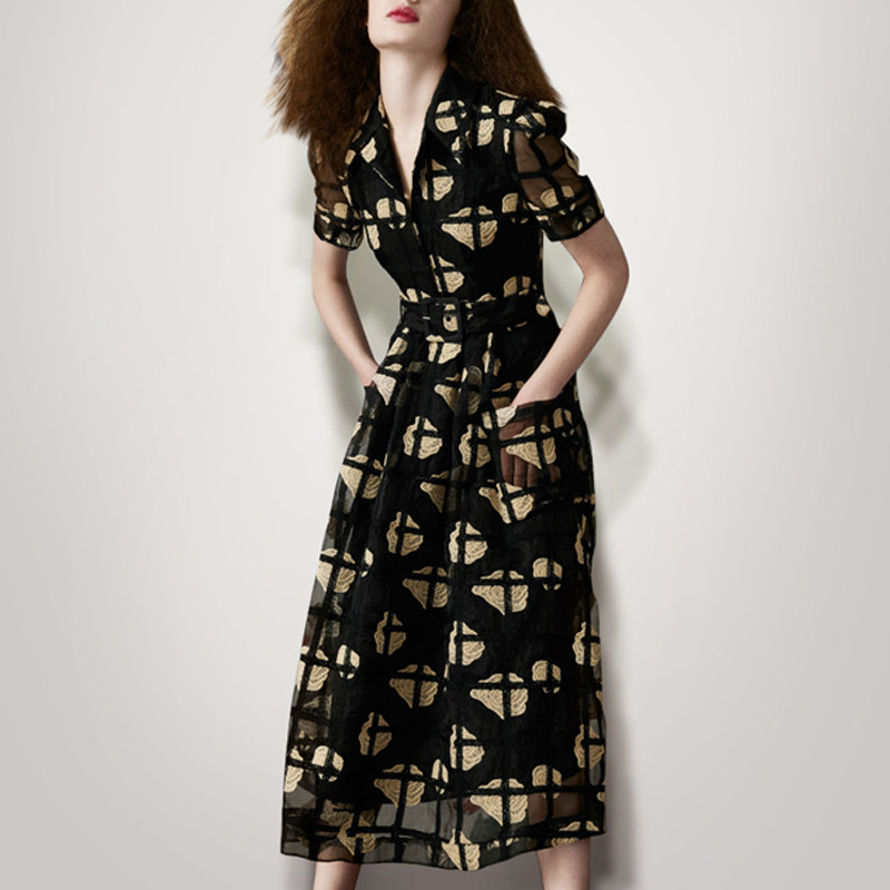 2017秋装新款女装时尚气质休闲印花长裙短袖收腰中长款连衣裙秋季