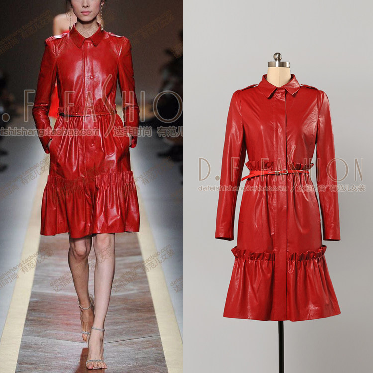 2017冬装新款 欧美气质长袖褶皱修身衬衫式PU皮中长款连衣裙红色