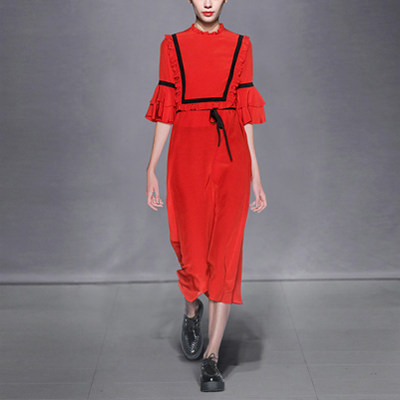 2017秋装新款女装气质名媛复古雪纺长裙收腰显瘦中长款连衣裙秋季