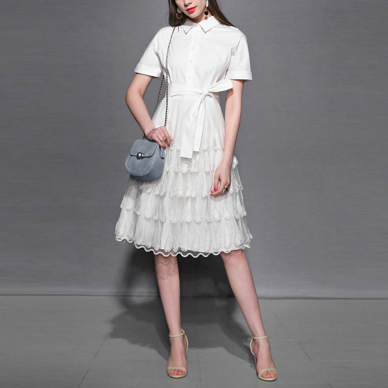 2017夏装新款女装气质名媛显瘦蕾丝长裙短袖收腰中长款连衣裙夏季