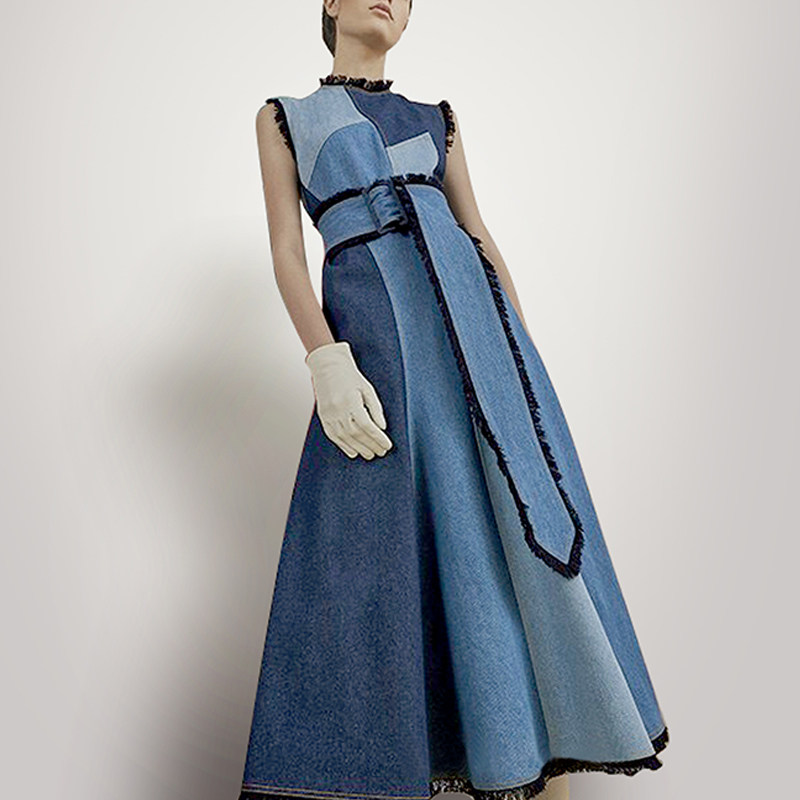秋季气质名媛复古牛仔长裙收腰显瘦中长款连衣裙女装秋装2017新款