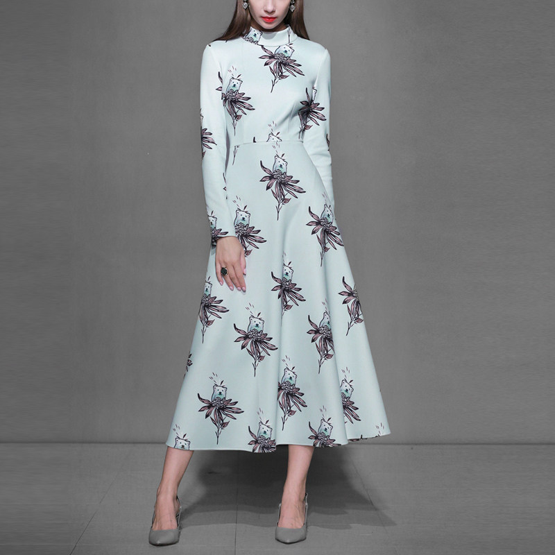 秋季时尚气质名媛印花长裙长袖显瘦中长款连衣裙女装秋装2017新款