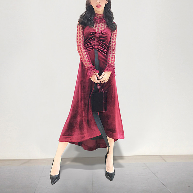 2017秋装新款女装时尚甜美波点长袖上衣+收腰抽褶显瘦连衣裙套装