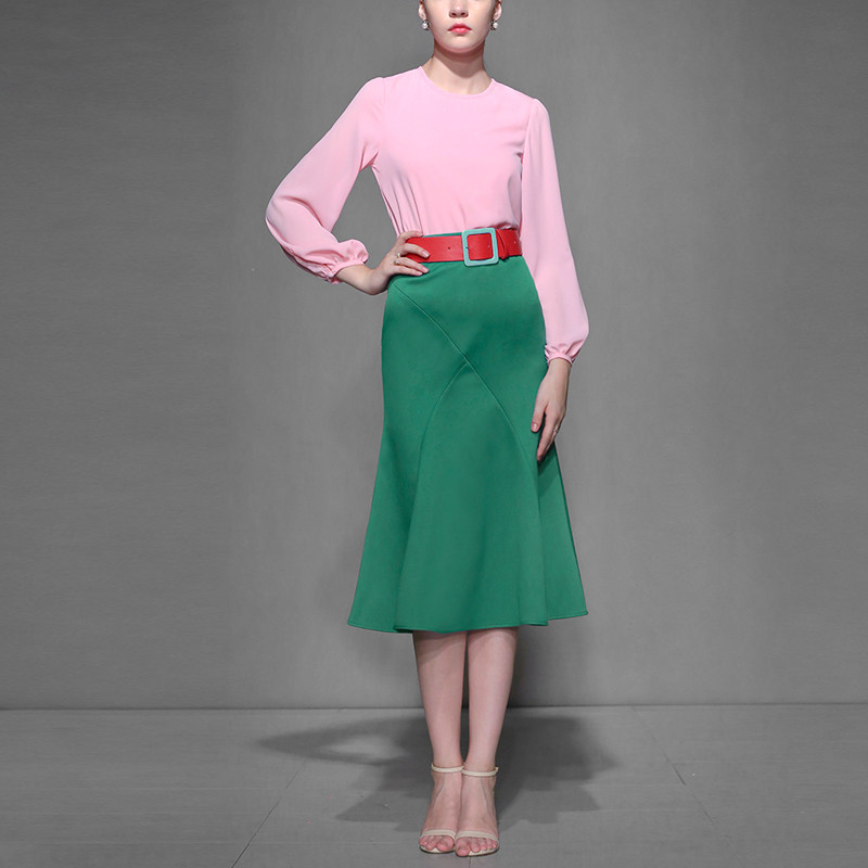 2017秋装女装新款灯笼袖名媛时尚长袖衬衫高腰鱼尾显瘦半裙套装