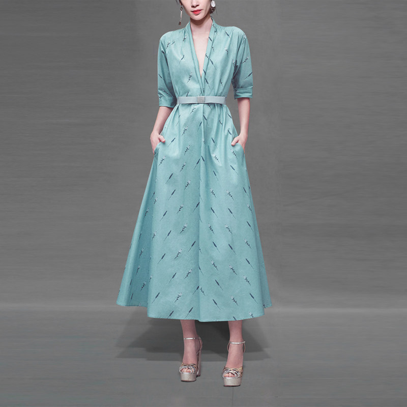 秋季气质名媛复古印花长裙收腰显瘦中长款连衣裙女装秋装2017新款