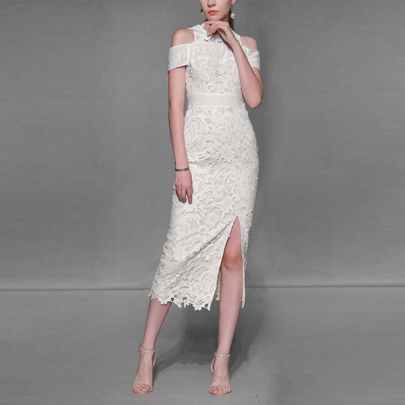 夏季气质名媛修身长裙露肩蕾丝显瘦中长款连衣裙女装夏装2017新款