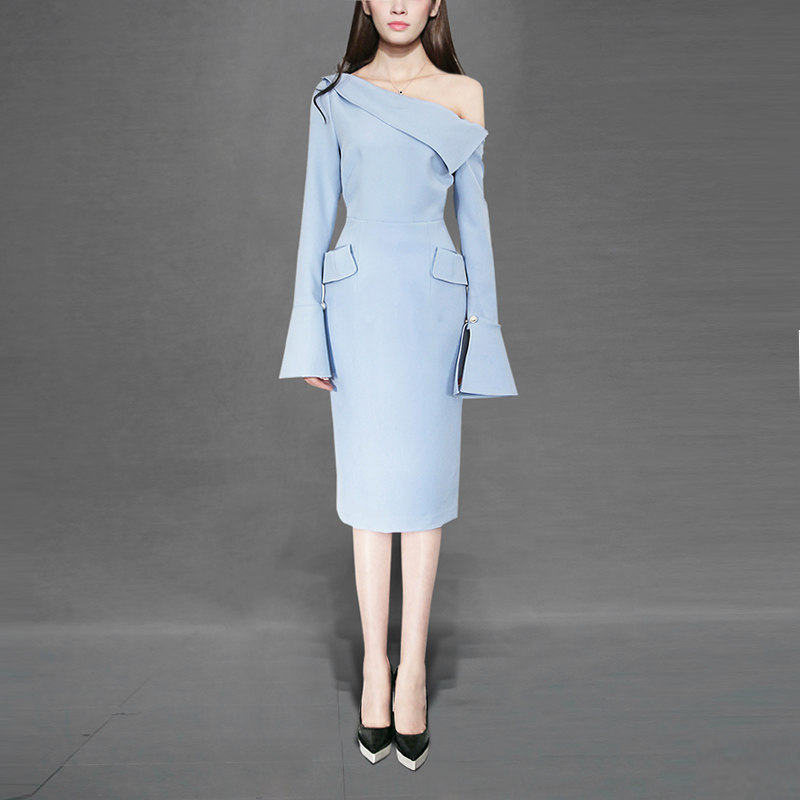 秋季气质名媛修身长裙露肩长袖显瘦中长款连衣裙女装秋装2017新款