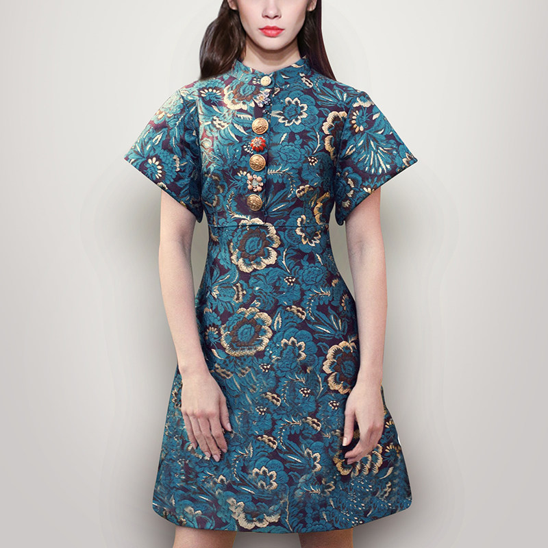 夏季气质名媛复古裙子短袖显瘦中长款印花连衣裙女装夏装2017新款