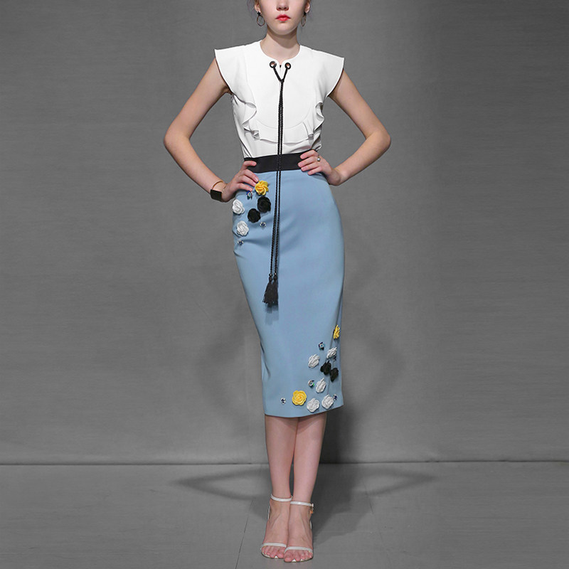 夏季时尚气质名媛两件套修身上衣高腰包臀裙套装女装夏装2017新款