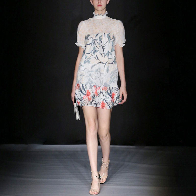 2017夏装新款 欧美灯笼短袖拼接蕾丝撞色印花中款连衣裙