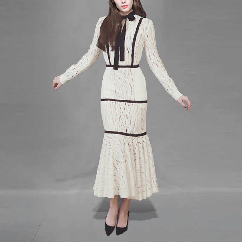 2017秋装新款女装欧美撞色织带收腰长袖鱼尾摆修身长款连衣裙