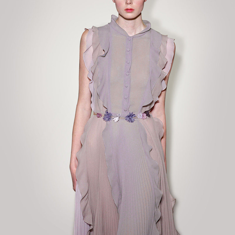 DF夏季气质名媛长裙荷叶边显瘦中长款雪纺连衣裙女装夏装2017新款