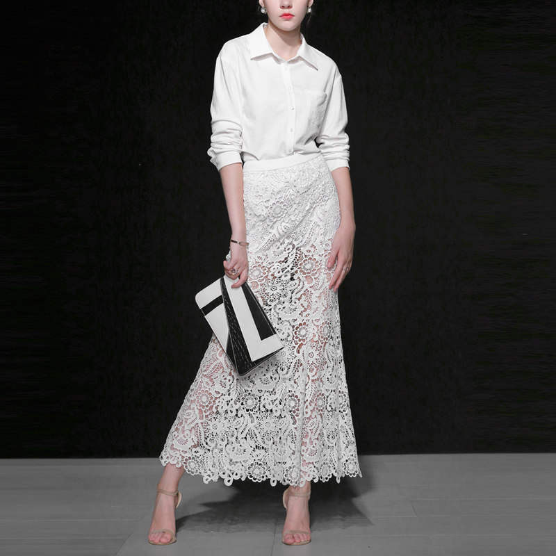 2017秋装新款女装欧美休闲棉麻衬衣+鱼尾摆蕾丝半裙套装