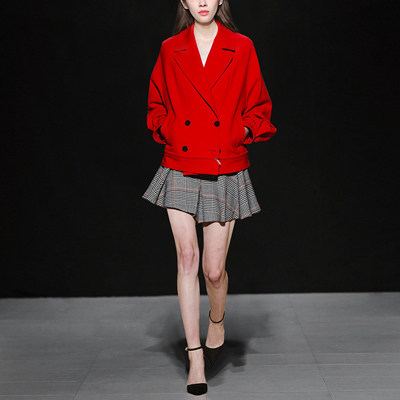 2017秋装女装新款双排扣灯笼长袖西装领外套复古格子大摆短裙套装