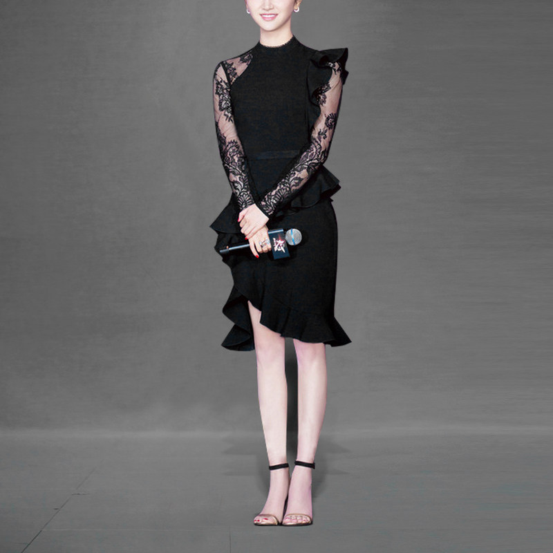 秋季气质名媛修身蕾丝长裙收腰显瘦中长款连衣裙女装秋装2017新款