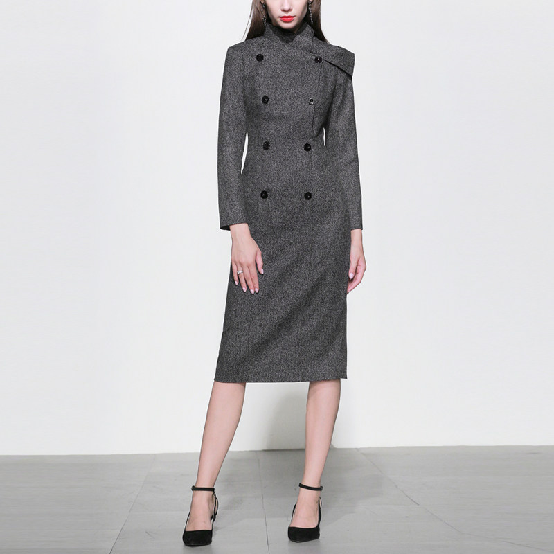 2017秋冬装新款女装欧美通勤复古双排扣收腰长袖包臀毛呢连衣裙
