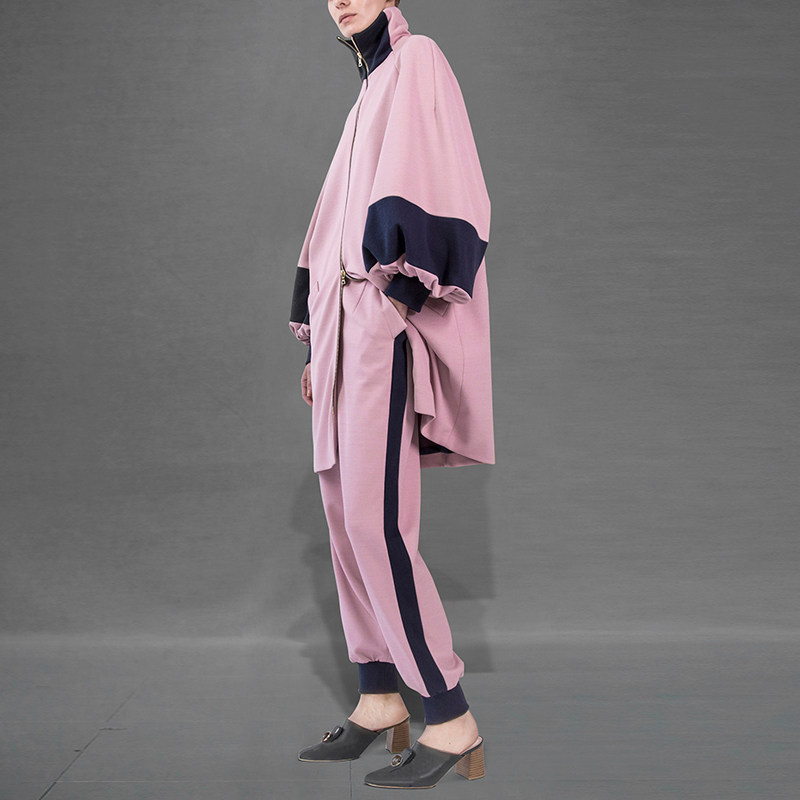 2017秋装新款女装时尚立领撞色灯笼袖中长外套运动风束脚裤套装