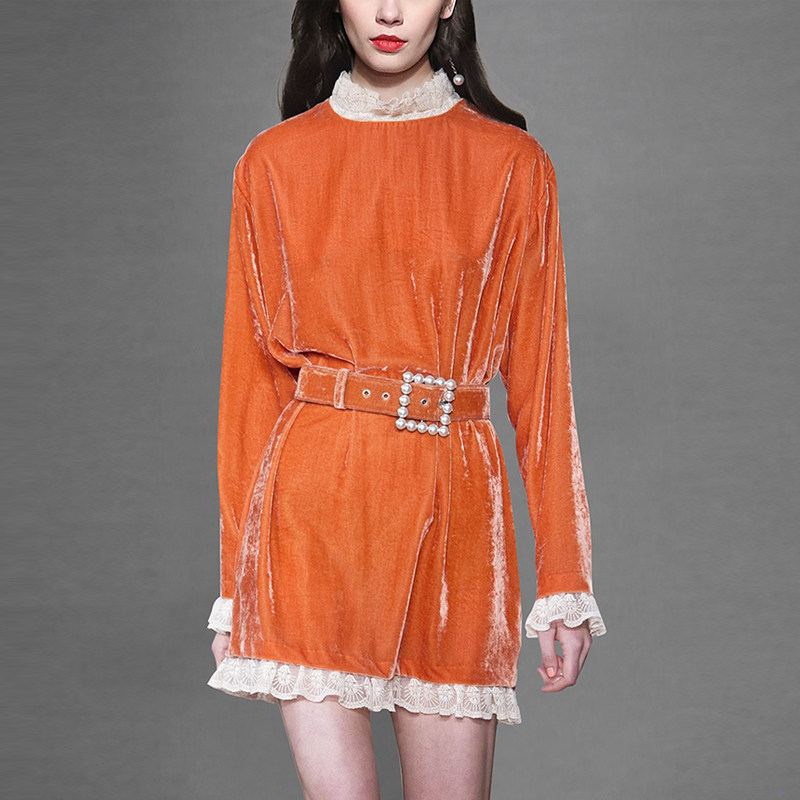 秋装新品女装名媛丝绒蕾丝拼接长袖时尚直筒简洁短款连衣裙裙子