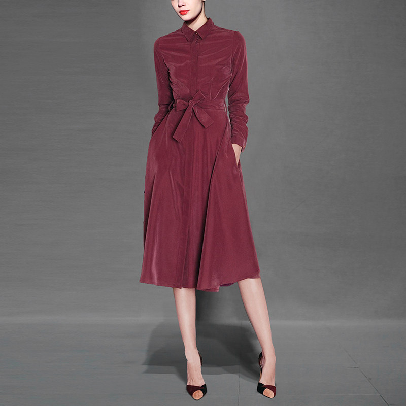 秋季气质名媛休闲长裙长袖显瘦中长款衬衫连衣裙女装秋装2017新款