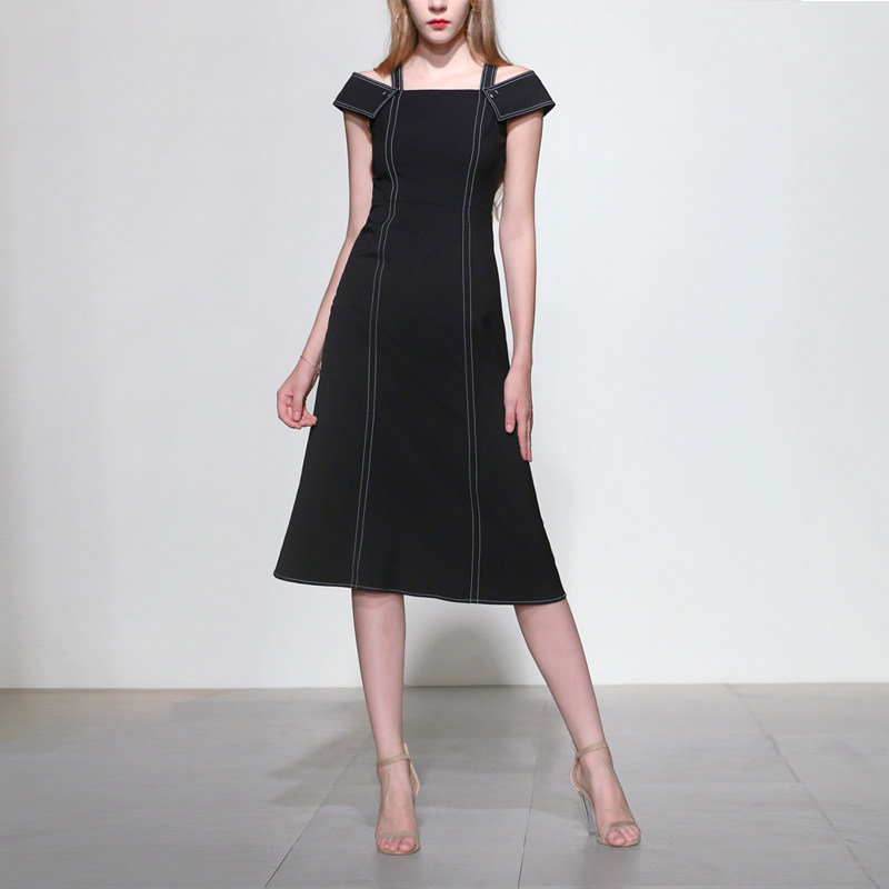 夏季气质名媛黑色长裙露肩显瘦中长款A字连衣裙女装夏装2017新款