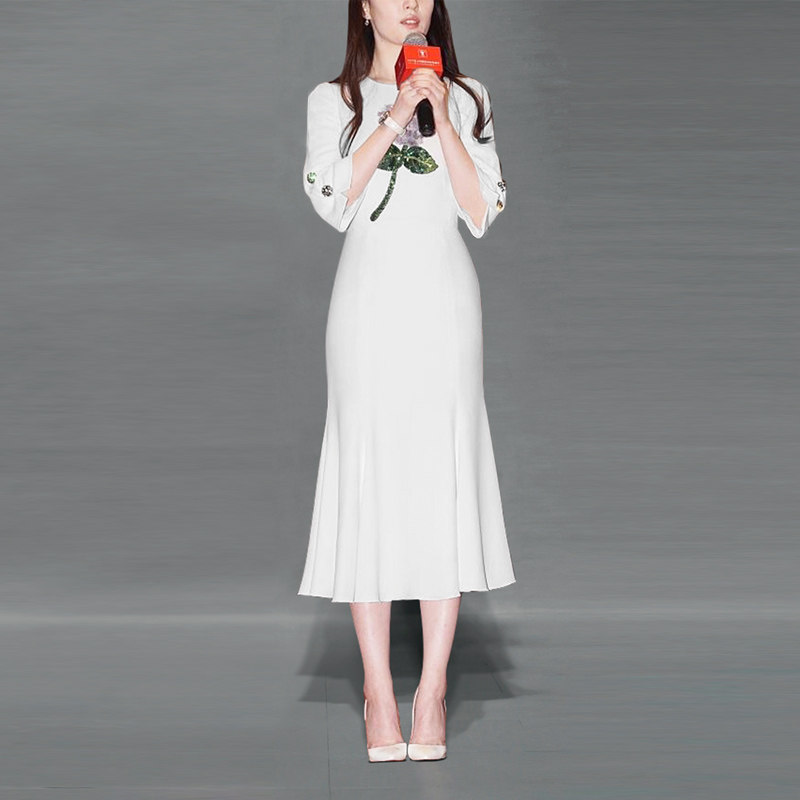 秋季气质名媛休闲长裙长袖收腰显瘦中长款连衣裙女装秋装2017新款