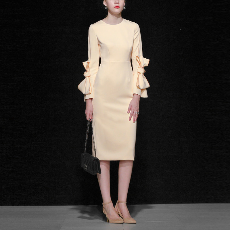 秋季气质名媛修身长裙长袖显瘦中长款包臀连衣裙女装秋装2017新款