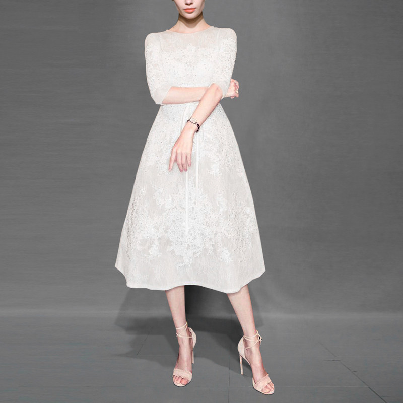 秋季气质名媛蕾丝收腰长裙修身显瘦中长款连衣裙女装夏装2017新款