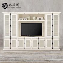 American solid wood TV cabinet wall cabinet overall combination simple old Louver push door bookcase locker Oak