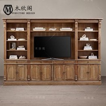 American country solid wood background wall cabinet Oak Vintage old TV wall cabinet combination storage cabinet customization