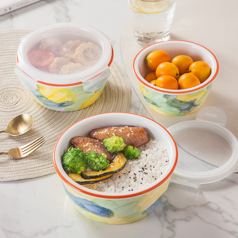 Bento rice bowl with lid for microwave oven special large ceramic soup bowl lunch box office worker sealed leak-proof instant noodle bowl