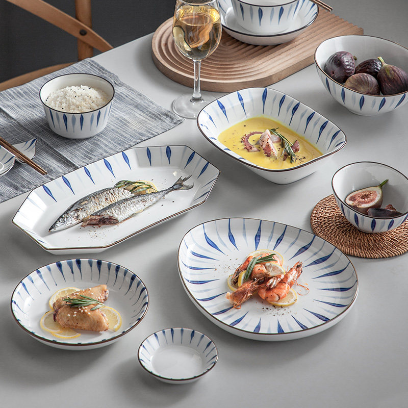 Japanese-style bowls, plates, ceramic tableware, household simple dinner plates, bowls, soup bowls, large fish plate combination creative tableware