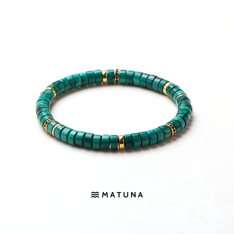 M76 Rich Forest Green Matuna Natural Malachite Bracelet for Men and Women, Unique and Stylish Stackable Bracelet with Silver Gold Plating