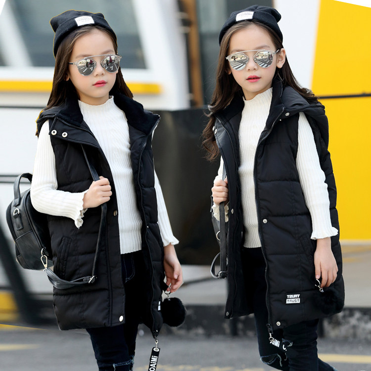 Children's vest children's down cotton vest student girls Korean version of the mid-length 2022 autumn and winter hooded baby vest