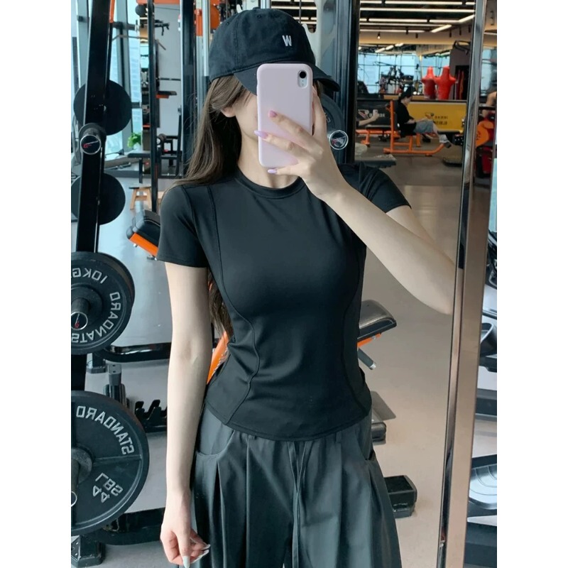 Black Quick-Drying Yoga Short-Sleeved T-Shirt for Women, Summer Thin, Slim-Fitting, Outdoor Ice Silk Sports Fitness Top