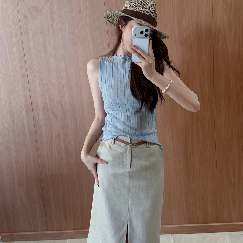 Longtime-Summer's Light and Sophisticated Slim-Fit Fashionable Ruffled Half-High Collar Sleeveless Vest (Contains 5% Wool) Lt26M0