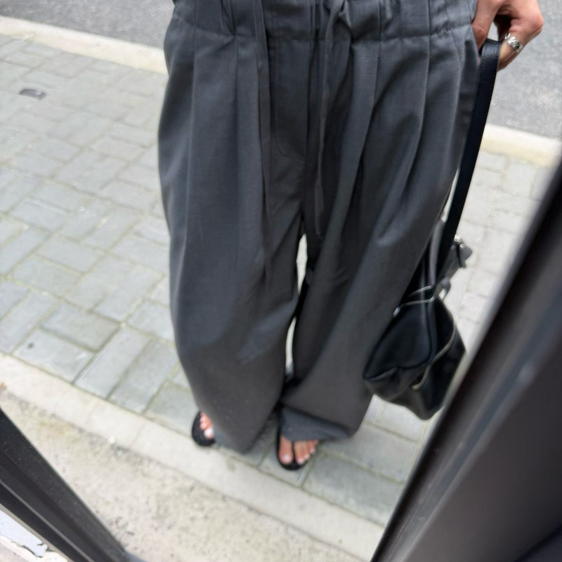 Howto-Women's Gray Drawstring Pleated Wide-Leg Pants with a Loose, Lazy Straight-Cut Casual Style Is6307
