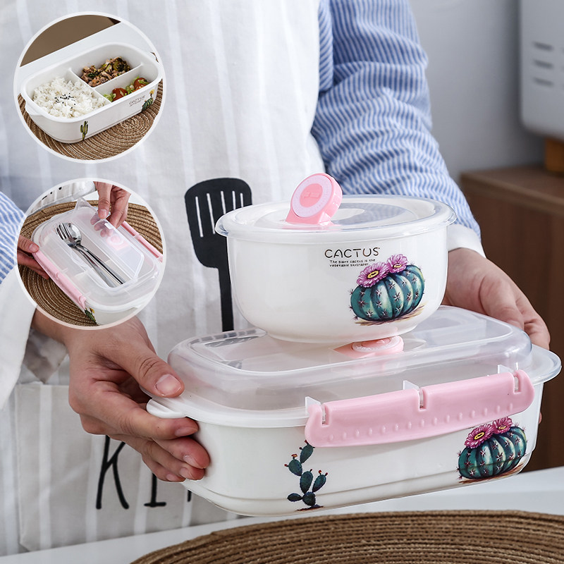 Ceramic lunch box lunch box with lid rectangular microwave sealed compartment bowl can be buckled and sent spoon and fork compartment bowl fresh-keeping box