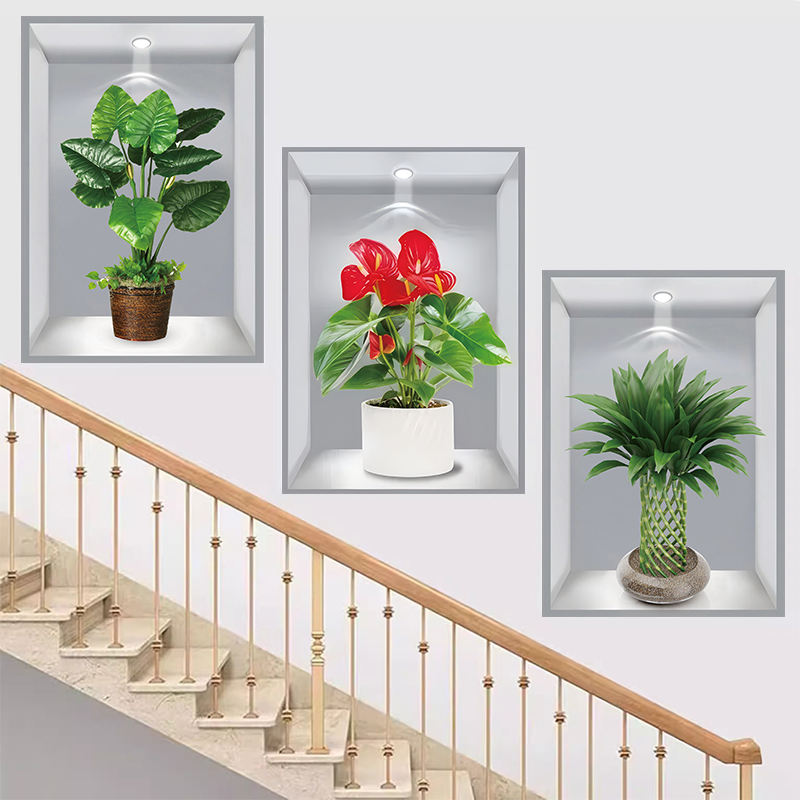 3D Floral Wall Decoration Painting for Hallway and Staircase, Wall Covering for Dining Room and Living Room, Triptych Paper Wall Sticker, Self-Adhesive 3D Floral Wall Decoration Painting for Hallway and Staircase, Wall Covering for Dining Room and Living Room, Triptych Paper Wall Sticker, Self-Adhesive