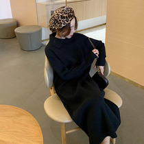  Large size French terrier orange long sweater skirt over the knee thickened net red thin meat slightly fat knitted dress autumn and winter