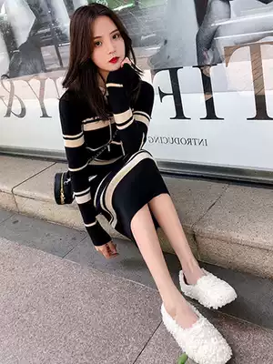 Autumn and winter hooded knit dress with coat over knee striped sweater with long skirt in winter lazy wind sweater skirt